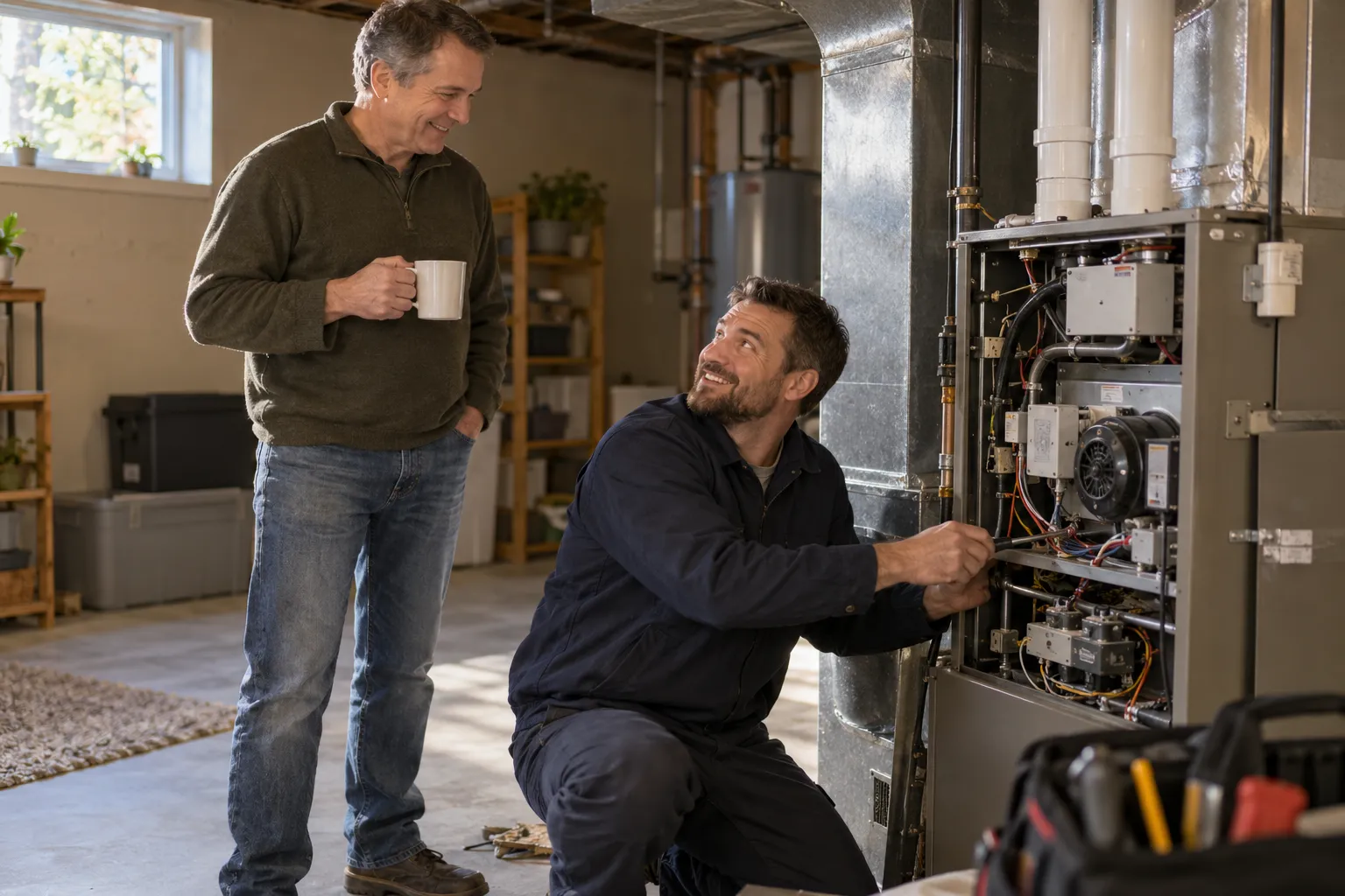 Friendly independent HVAC provider checking a home furnace in a basement in the Salt Lake City area