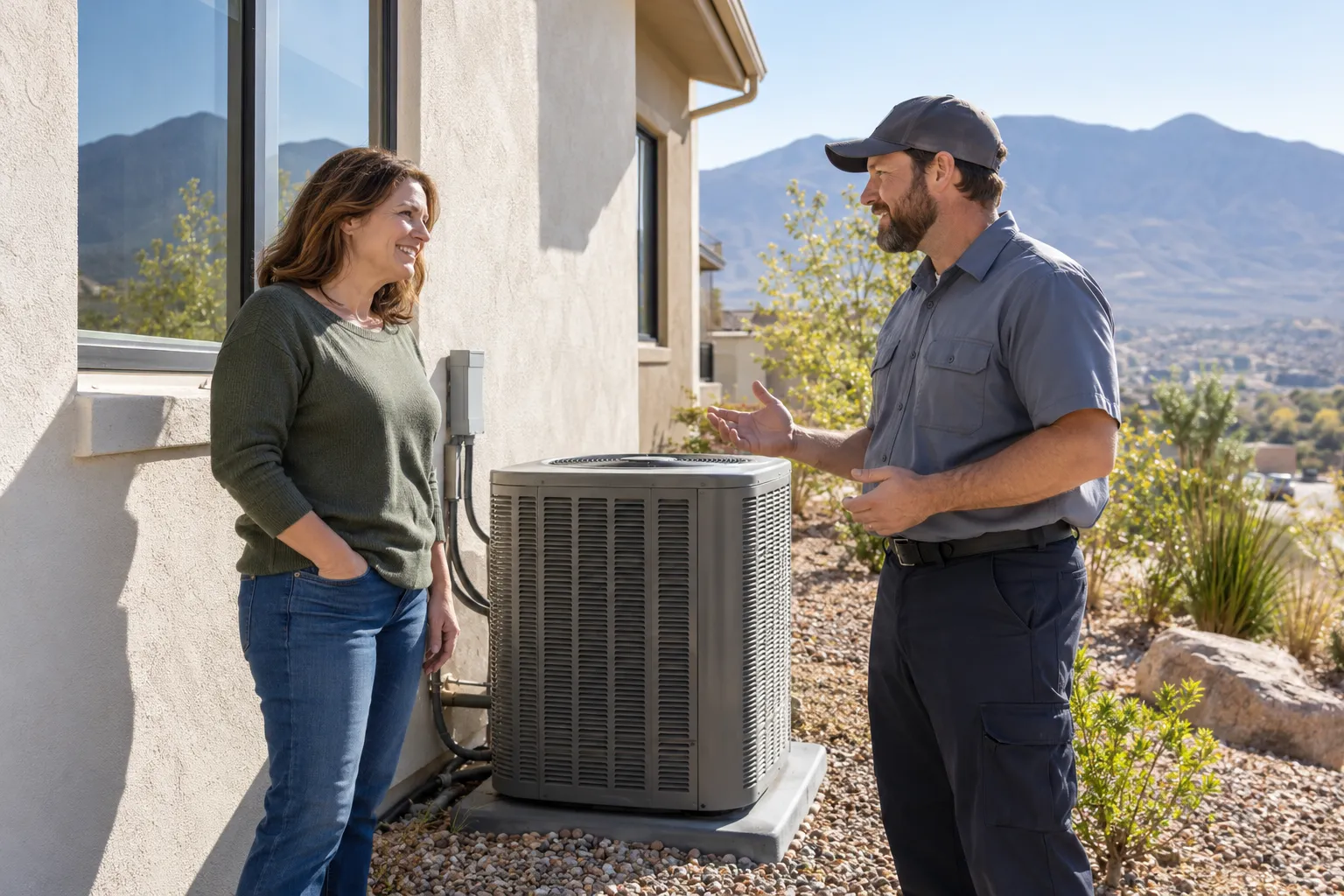 A homeowner talking with an HVAC provider beside an outdoor AC unit in Salt Lake City